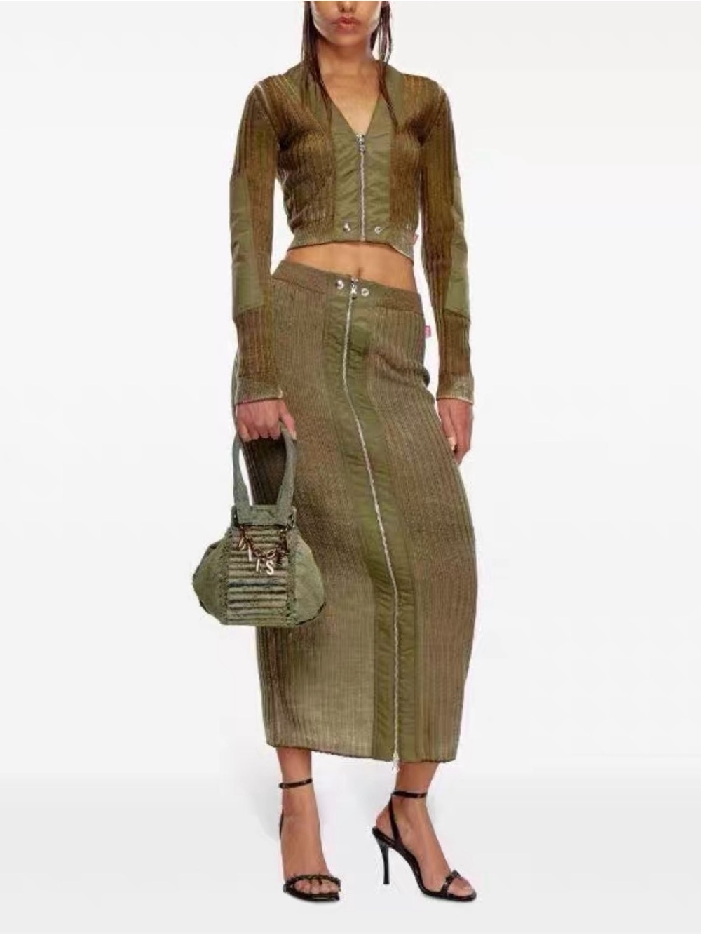 Diesel Olive Ribbed Cropped Bomber Jacket - Picture 5 of 5